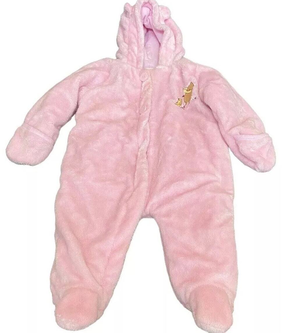 Disney Winnie Pooh Baby Girl Snowsuit Bunting 9M Pink Hooded Winter Plush vtg
